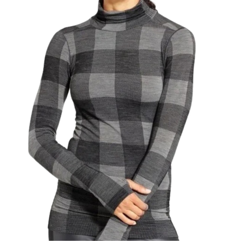 Athleta Remarkawool Buffalo Plaid Turtleneck Top size Small Gray & Black